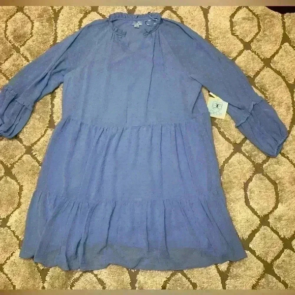 CeCe Split Neck Long Sleeve Clip Dot Tiered Babydoll Dress NEW - Picture 2 of 12